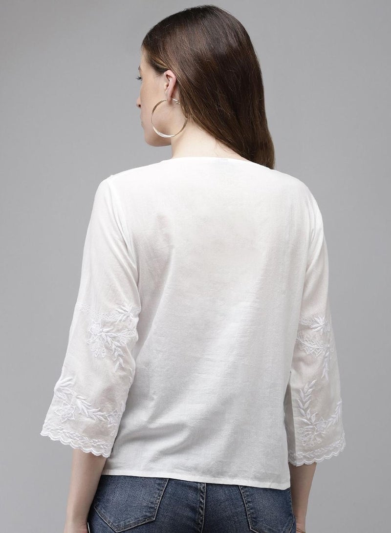 ISHIN Women's White 100% Cotton Self Design Tunic A-Line Tops  - Image 5