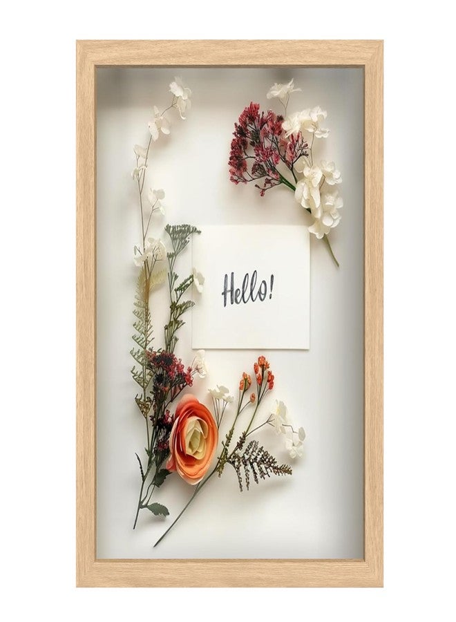 FrameWorks 12” x 16” Natural Oak Wooden Shadow Box Frame - Display Case with Soft Felt Back, Memory Box with Tempered Glass, Display Box with Elegant White Ball Push Pins, Wooden Flower Box - Image 1
