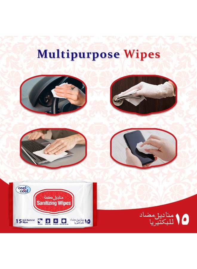 Cool & Cool Sanitizing Wipes - 15'S (Pack Of 6) - Antibacterial Skin Wipes With Vitamin E,Kills 99.9% Germs,Convenient For Use,Aloe Vera Gel & Herb Extract,Moisturizing And Nourishing - Image 4