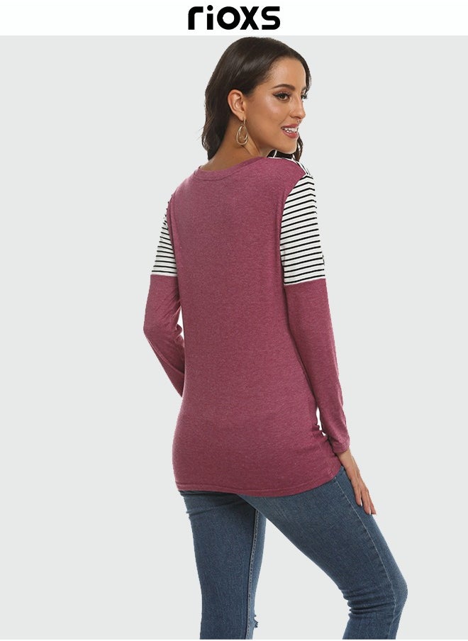 RIOXS - Women Color Block Sweatshirt Long Sleeve Leopard Striped Shirt Tops Side Knot Front Shirt - Image 1