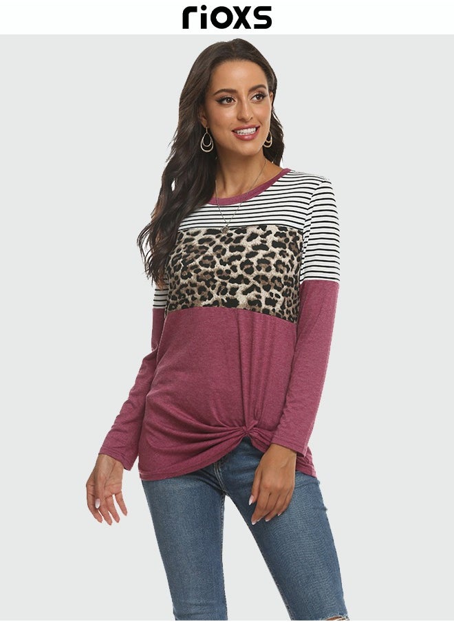 RIOXS - Women Color Block Sweatshirt Long Sleeve Leopard Striped Shirt Tops Side Knot Front Shirt - Image 1
