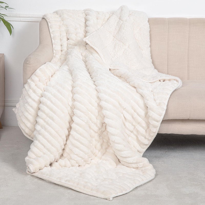 UINIU Sherpa Fleece Weighted Blanket with 3D Ribbed Stripes, 15 lbs Soft Flannel Heavy Throw Blanket for Couch Bed Sofa, Heavy Thick Blankets with Glass Beads, Great for Sleep, 48" x 72" - Image 1
