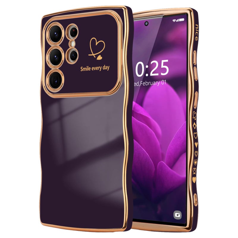 LCHULLE for Samsung Galaxy S24 Ultra Case for Women Girls, Cute Wave Frame Curly Shape with Love Heart Raised Camera Protection Luxury Plating Shockproof Phone Case for Galaxy S24 Ultra 5G,Dark Purple - Image 1