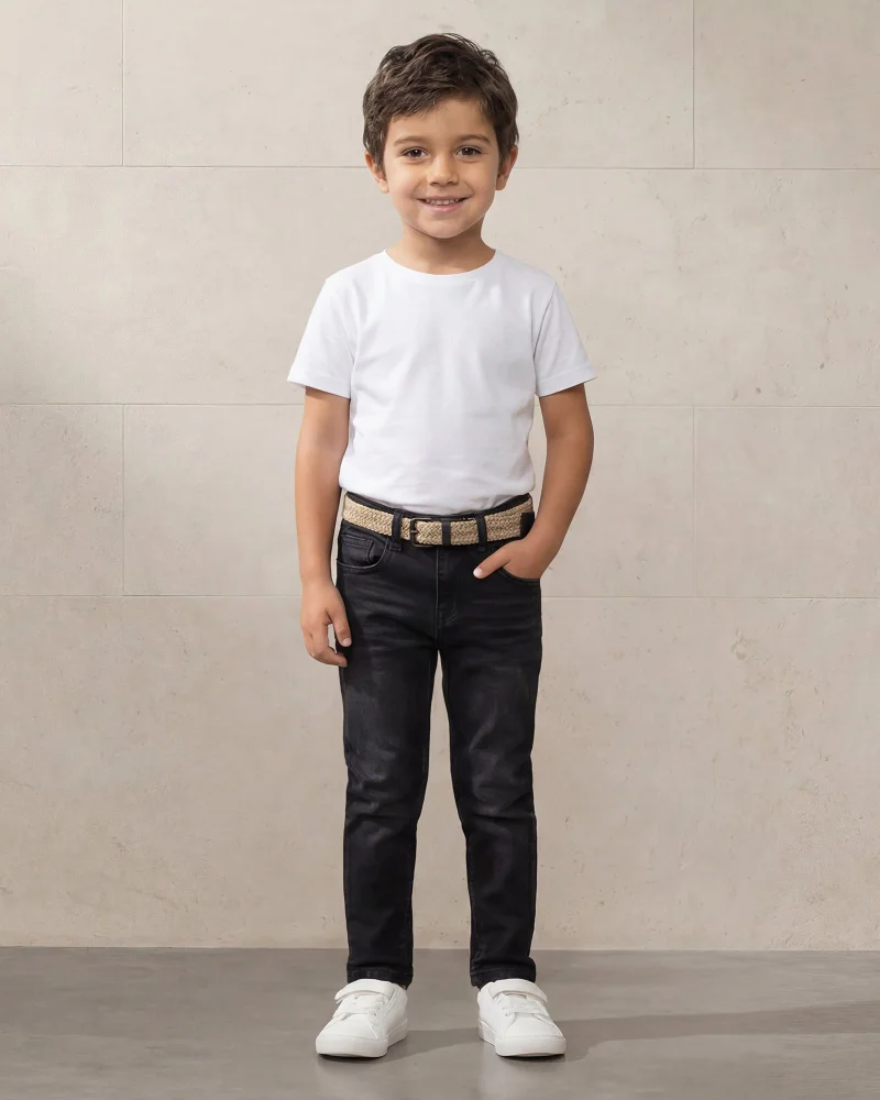 Redtag Boys Black Viscose Belted 5 Pocket Jeans