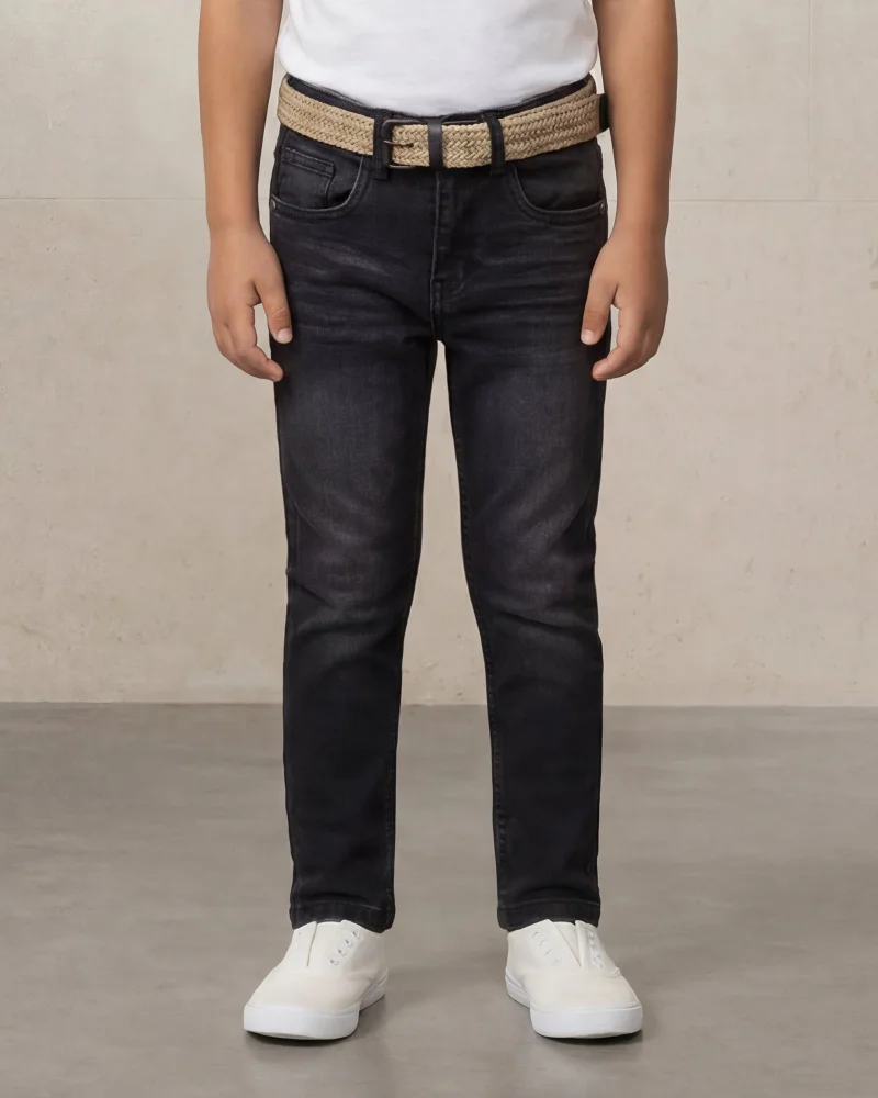 Redtag Boys Black Viscose Belted 5 Pocket Jeans
