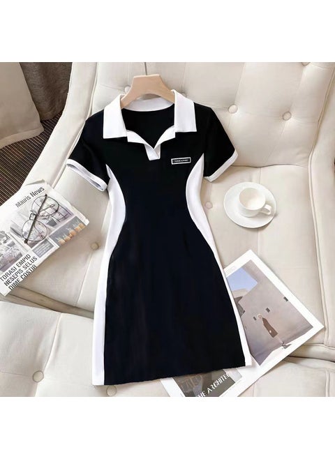 Summer Plus Size Student Collar Slimming Color-Block Dress Black