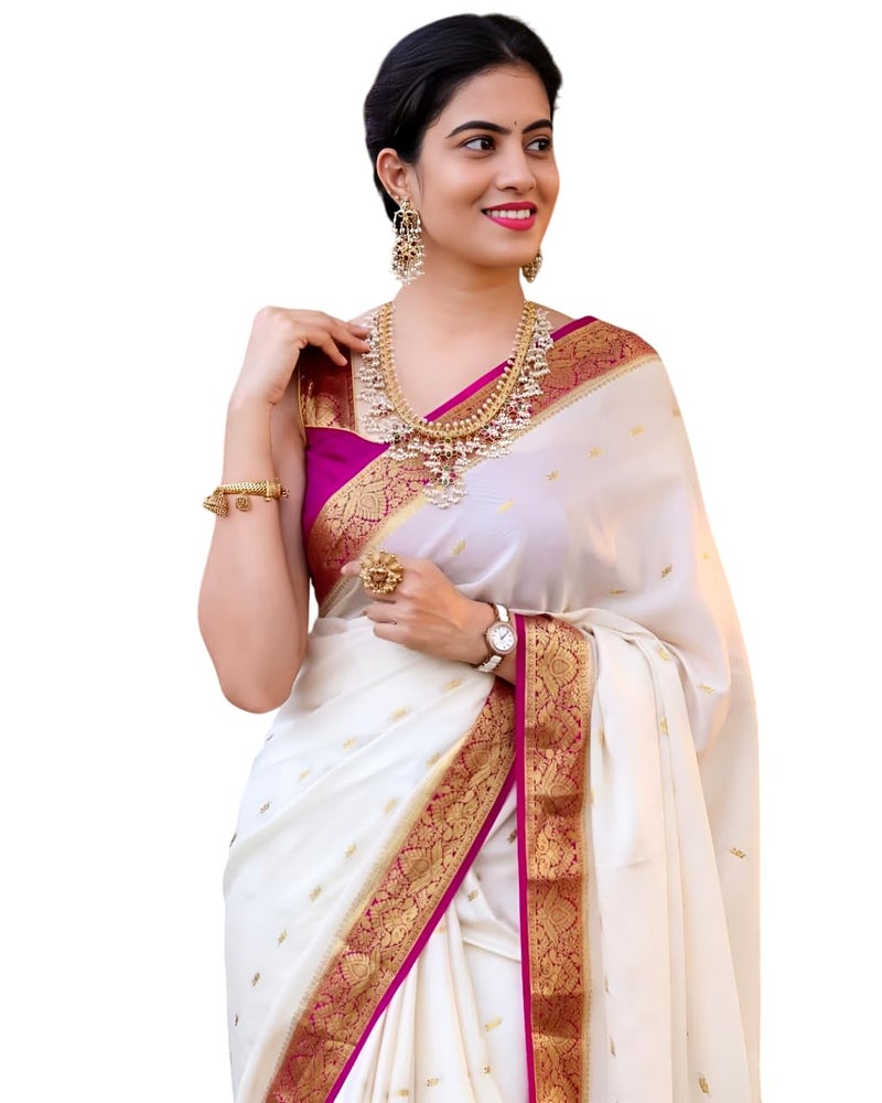 MAHEK Banarasi kanjivaram Sarees for Women's Indian Saree Fancy Wedding saree Party Wear sari & Blouse Piece MF299(White) - Image 1