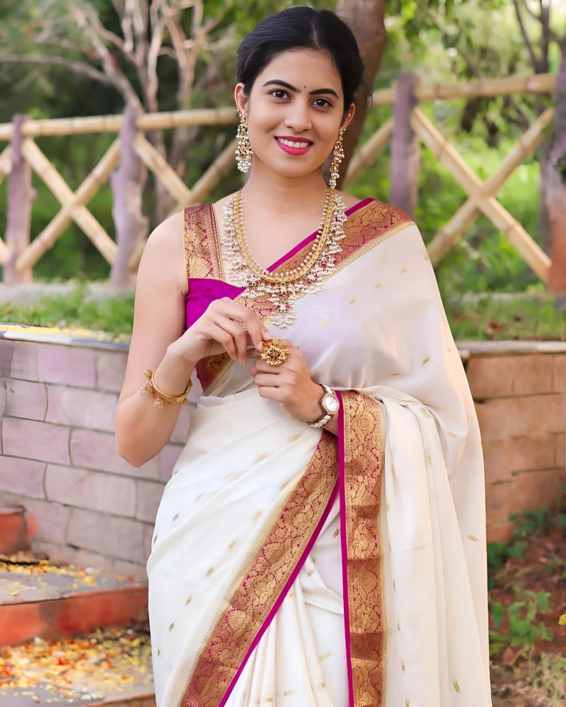 MAHEK Banarasi kanjivaram Sarees for Women's Indian Saree Fancy Wedding saree Party Wear sari & Blouse Piece MF299(White) - Image 5