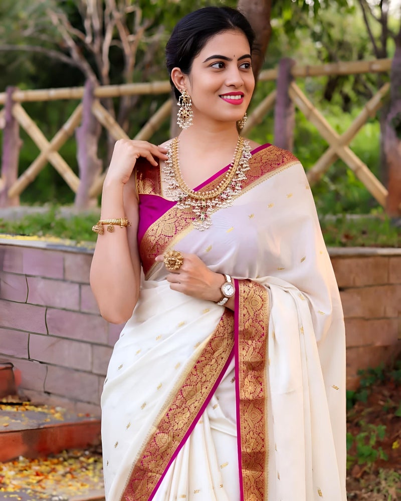 MAHEK Banarasi kanjivaram Sarees for Women's Indian Saree Fancy Wedding saree Party Wear sari & Blouse Piece MF299(White) - Image 4