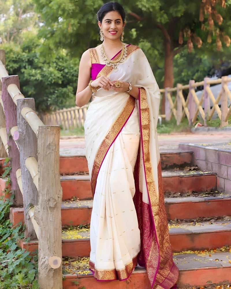 MAHEK Banarasi kanjivaram Sarees for Women's Indian Saree Fancy Wedding saree Party Wear sari & Blouse Piece MF299(White) - Image 2