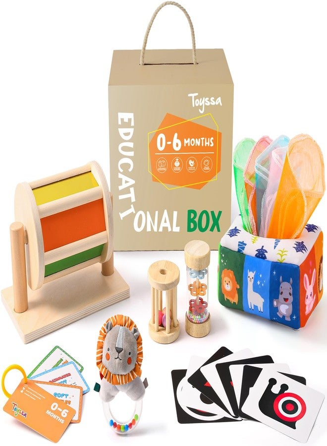 Toyssa Montessori 6 in 1 Wooden Learning Educational Sensory Toys for Babies 0-6 Months with Spinning Drum, Tissue Toys, Baby Rattle, Flash Card - Perfect Birthday Gifts for Boys & Girls - Image 1
