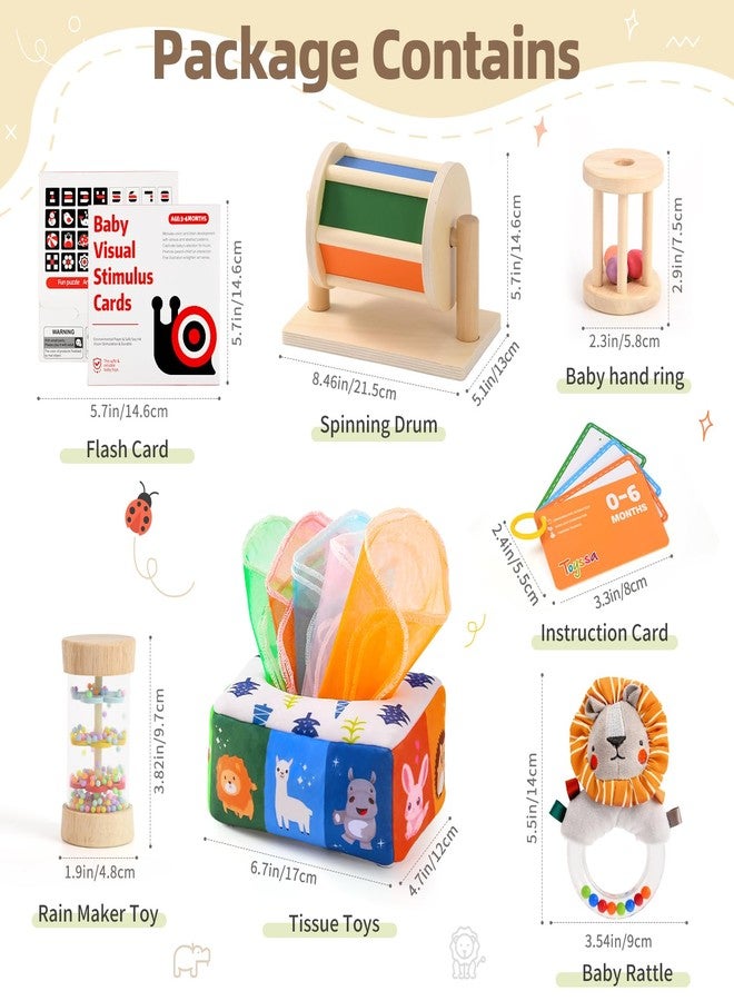 Toyssa Montessori 6 in 1 Wooden Learning Educational Sensory Toys for Babies 0-6 Months with Spinning Drum, Tissue Toys, Baby Rattle, Flash Card - Perfect Birthday Gifts for Boys & Girls - Image 2