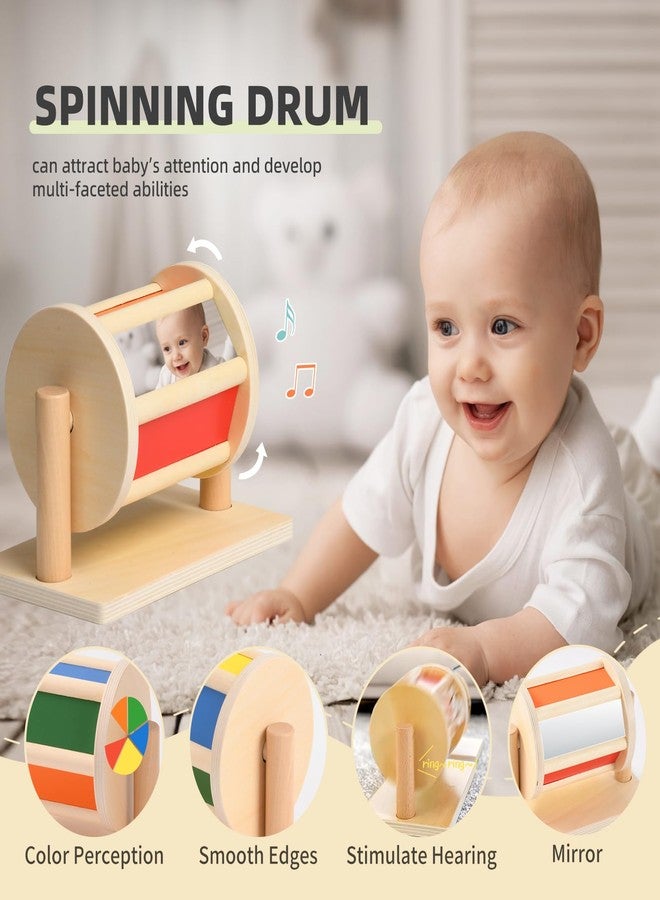 Toyssa Montessori 6 in 1 Wooden Learning Educational Sensory Toys for Babies 0-6 Months with Spinning Drum, Tissue Toys, Baby Rattle, Flash Card - Perfect Birthday Gifts for Boys & Girls - Image 3
