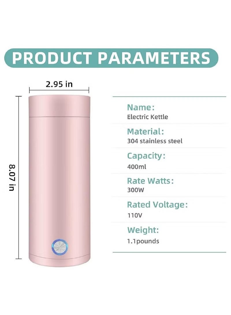 عربست غلاية كهربائية صغيرة للسفر، غلاية كهربائية محمولة لغلي الماء سعة 400 مل، غلاية ماء مع خاصية الحفاظ على السخونة، غلاية شاي صغيرة مع غليان سريع وإغلاق تلقائي (وردي) - Image 2