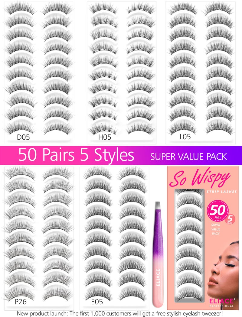 Eliace Luxurious 50 Pairs 5 Styles Cat Eye Lashes Wispy False Eyelashes Natural look 3D Mink Lashes Fake Eyelashes Kit, Thin Soft Band Comfortable Fluffy Volume Cross Strip Lash, with Lash Tweezers - Image 2