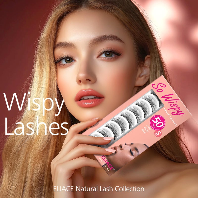 Eliace Luxurious 50 Pairs 5 Styles Cat Eye Lashes Wispy False Eyelashes Natural look 3D Mink Lashes Fake Eyelashes Kit, Thin Soft Band Comfortable Fluffy Volume Cross Strip Lash, with Lash Tweezers - Image 5