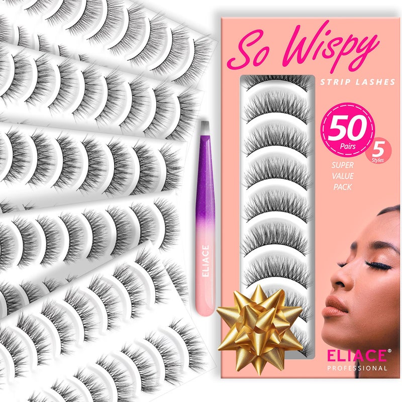 Eliace Luxurious 50 Pairs 5 Styles Cat Eye Lashes Wispy False Eyelashes Natural look 3D Mink Lashes Fake Eyelashes Kit, Thin Soft Band Comfortable Fluffy Volume Cross Strip Lash, with Lash Tweezers - Image 1