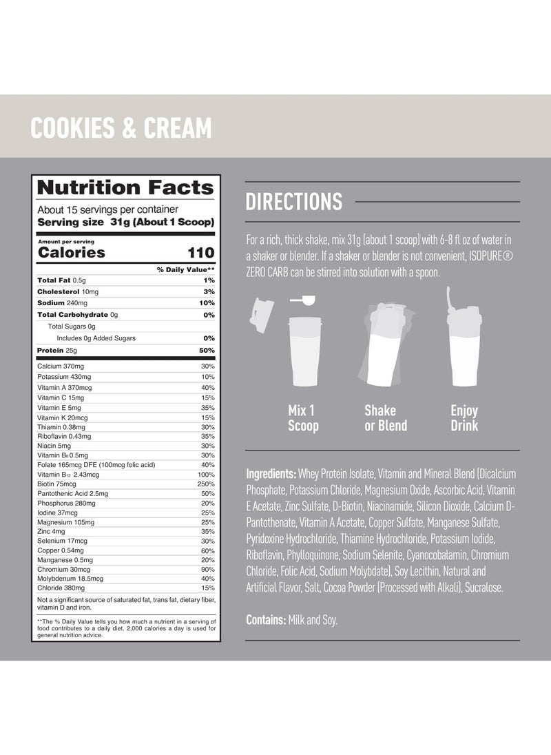 Natures Best - Natures Best Isopure, Whey Protein Isolate , Zero Carb Protein Powder, Cookies & Cream, 1 lb (454 g) - Image 1