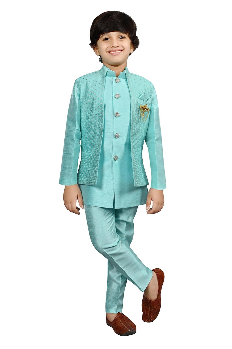 AHHAAAA Unisex Kids Ethnic Silk Indian Bollywood Style Jacquard Indo-Western Casual Style Sherwani Set for Boys 521Mf Turquoise 10-11 Years, 521|, Blue - Image 1