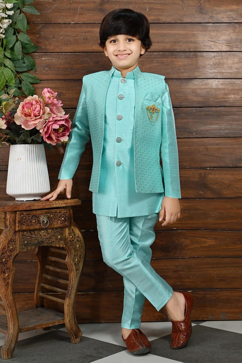 AHHAAAA Unisex Kids Ethnic Silk Indian Bollywood Style Jacquard Indo-Western Casual Style Sherwani Set for Boys 521Mf Turquoise 10-11 Years, 521|, Blue - Image 2