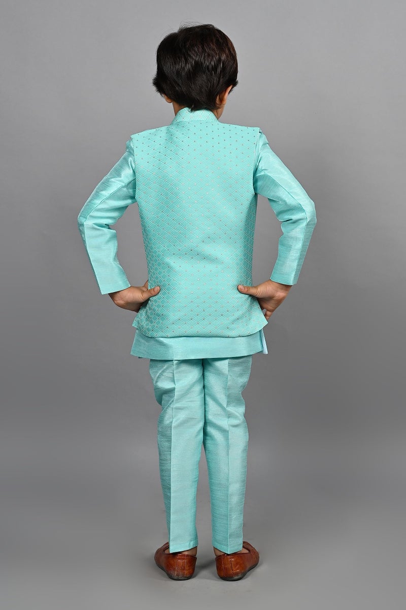 AHHAAAA Unisex Kids Ethnic Silk Indian Bollywood Style Jacquard Indo-Western Casual Style Sherwani Set for Boys 521Mf Turquoise 10-11 Years, 521|, Blue - Image 3