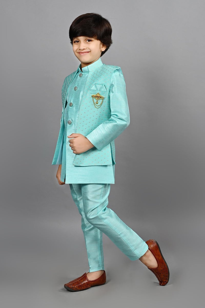 AHHAAAA Unisex Kids Ethnic Silk Indian Bollywood Style Jacquard Indo-Western Casual Style Sherwani Set for Boys 521Mf Turquoise 10-11 Years, 521|, Blue - Image 4
