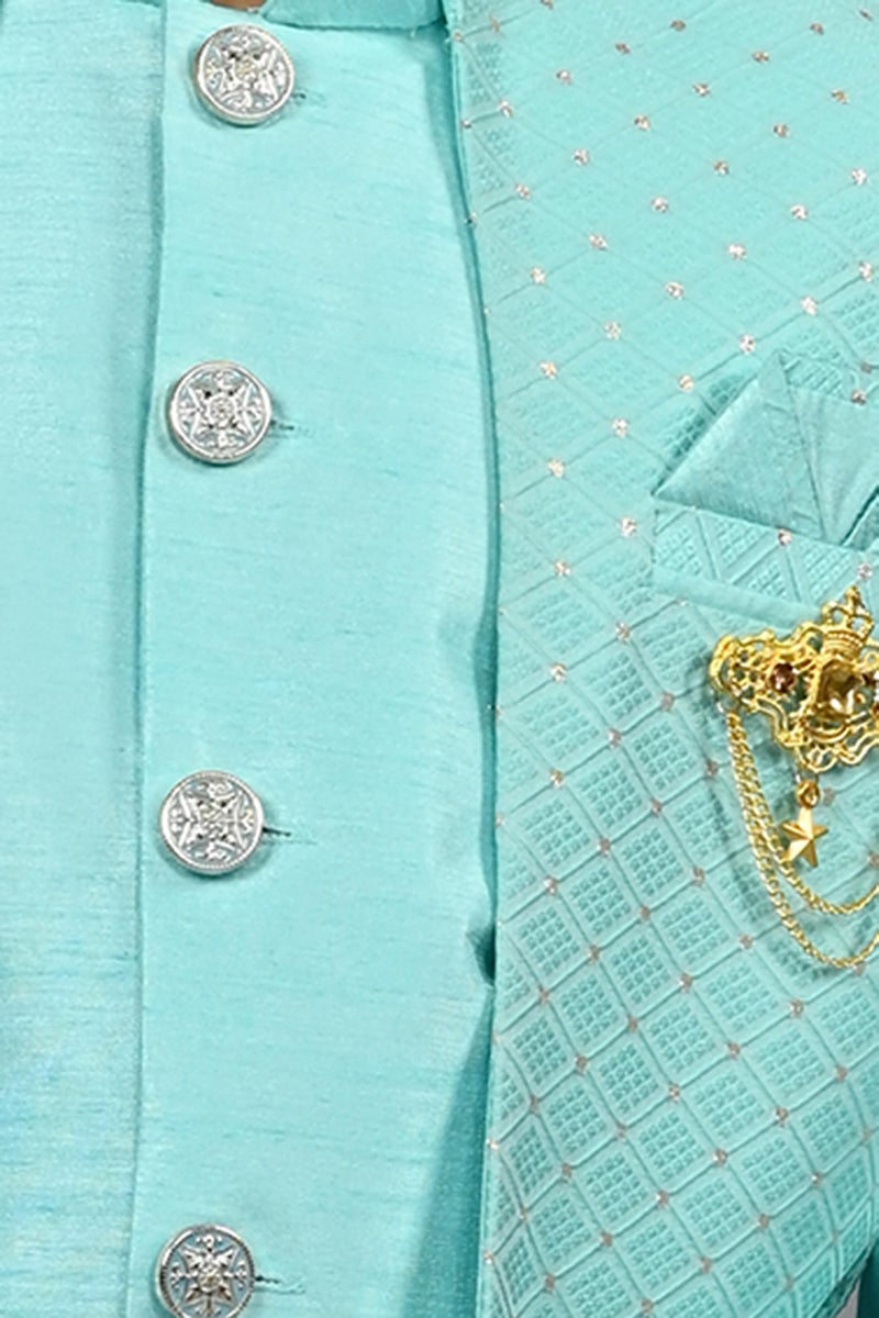 AHHAAAA Unisex Kids Ethnic Silk Indian Bollywood Style Jacquard Indo-Western Casual Style Sherwani Set for Boys 521Mf Turquoise 10-11 Years, 521|, Blue - Image 5