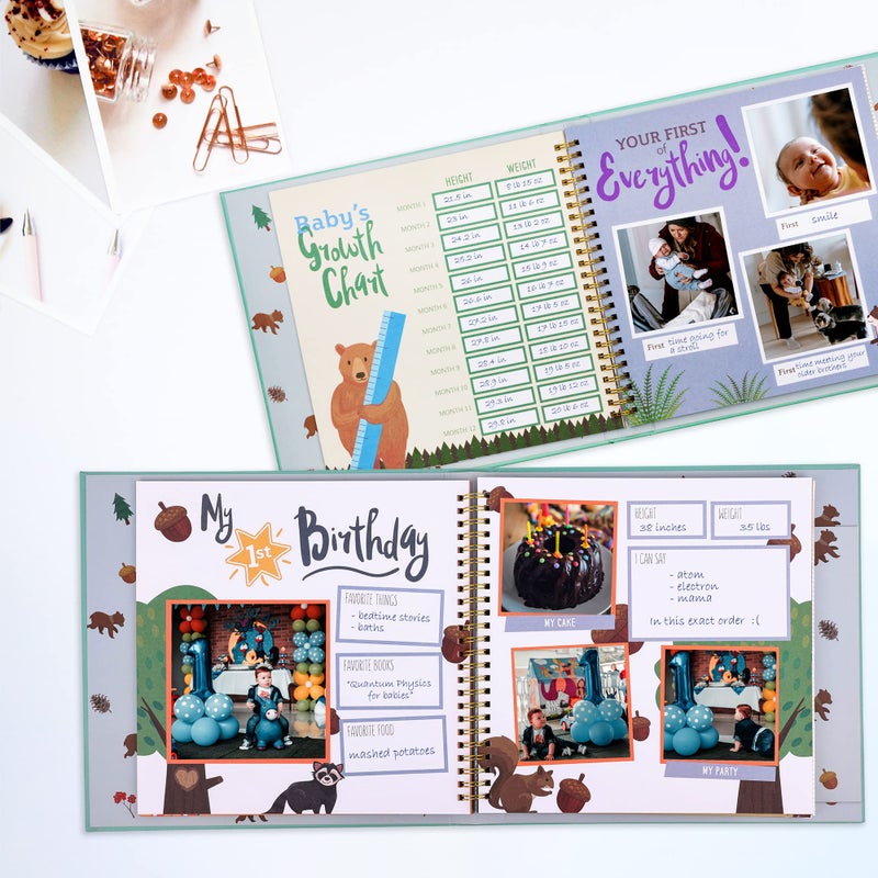 RubyRoo Baby Memory Book - Milestone Keepsake Baby Photo Album - First 5 Years Scrapbook Journal for Baby Boy or Girl - Pregnancy Gift for Baby Shower, Newborn Gender Neutral Record Book - Woodland - Image 2