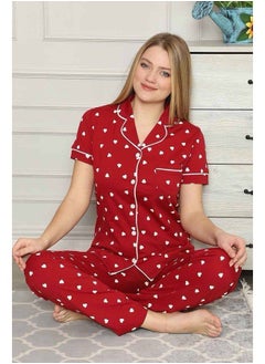 Wome Red Cotton and Heart Patterned Knitted Pajama Set XLarge 70 kilo to 85