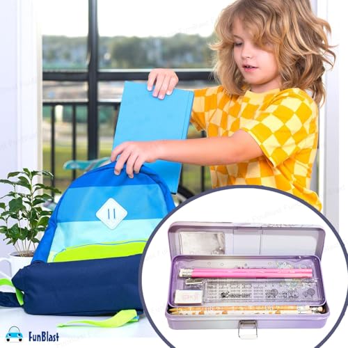 FunBlast Metal Pencil Box Case with Pencil, Eraser, Sharpener Stationery Set – Double Layer Pencil Case Stationary Organizer for Kids, Boys, Girls (Unicorn Life) - Image 4