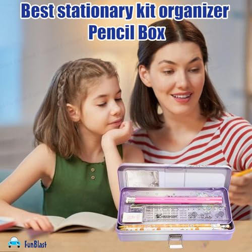 FunBlast Metal Pencil Box Case with Pencil, Eraser, Sharpener Stationery Set – Double Layer Pencil Case Stationary Organizer for Kids, Boys, Girls (Unicorn Life) - Image 3