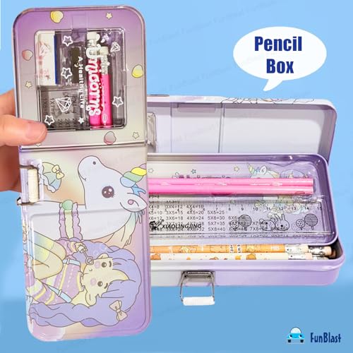 FunBlast Metal Pencil Box Case with Pencil, Eraser, Sharpener Stationery Set – Double Layer Pencil Case Stationary Organizer for Kids, Boys, Girls (Unicorn Life) - Image 2