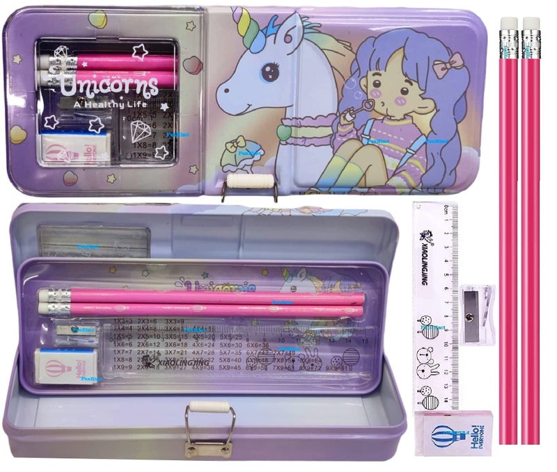 FunBlast Metal Pencil Box Case with Pencil, Eraser, Sharpener Stationery Set – Double Layer Pencil Case Stationary Organizer for Kids, Boys, Girls (Unicorn Life) - Image 1