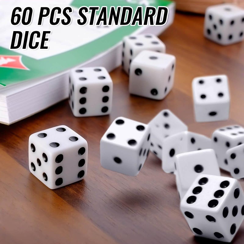Rerdeim 60 Pieces Standard Dice, 16mm Bulk White Opaque Black Pips Six Sided Dice Set, for Rolling, Group Event, Board Games, Classroom Math - Image 2