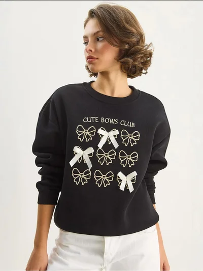Bianco Lucci LUCCI Ribbed Printed Crew Neck Long Sleeve Sweatshirt
