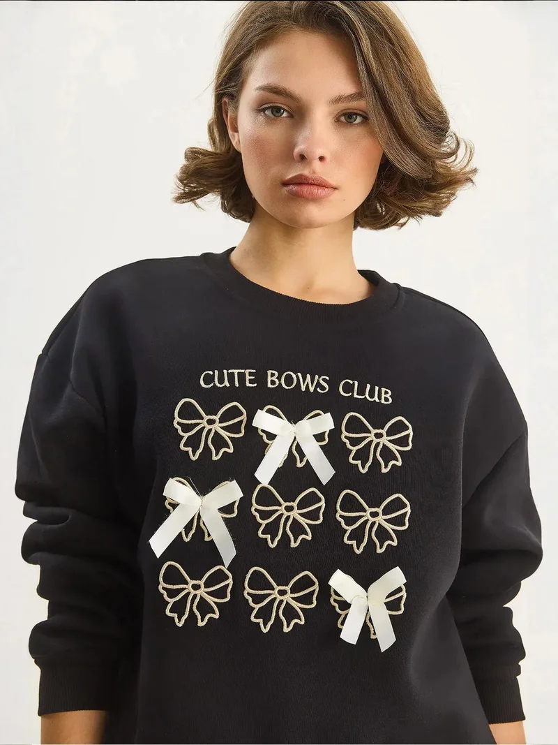 Bianco Lucci LUCCI Ribbed Printed Crew Neck Long Sleeve Sweatshirt