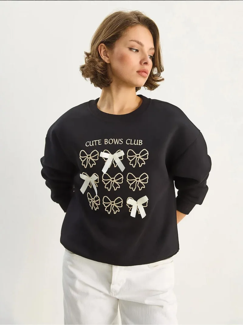 Bianco Lucci LUCCI Ribbed Printed Crew Neck Long Sleeve Sweatshirt
