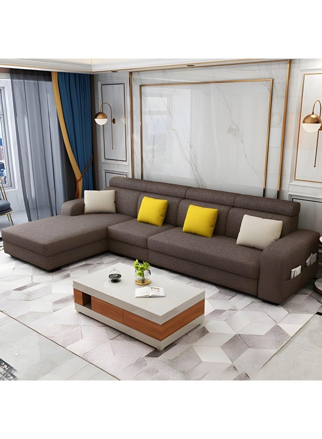 Poppins Home Stylish Retro 4-Seater Sofa with Chaise Lounge  Square Arm Design in Premium Fabric Upholstery (Coffee, RIGHT BED) - Image 1