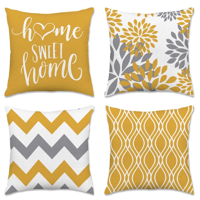 Hexagram Geometric Yellow Pillow Covers 18x18 Set of 4, Decorative Outdoor Boho Modern Throw Pillow Covers, Home Sweet Home Farmhouse Cushion Case for Couch Sofa Bedroom Indoor Decor(No Insert) - Image 1