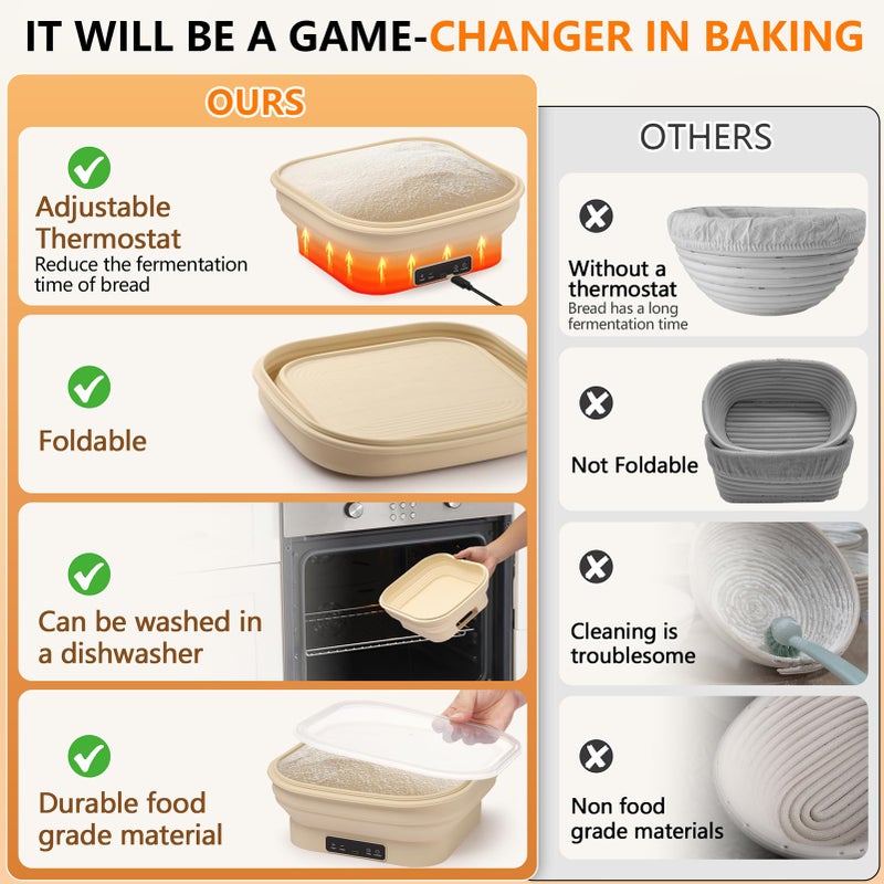 Uoxfill Upgrade Heating Sourdough Bread Proofing Basket Set, Electric Thermostatic Silicone banneton bread proofing basket,Sourdough bread baking supplies,8.7 Inch Square Foldable Sourdough Proofing Bowl - Image 5