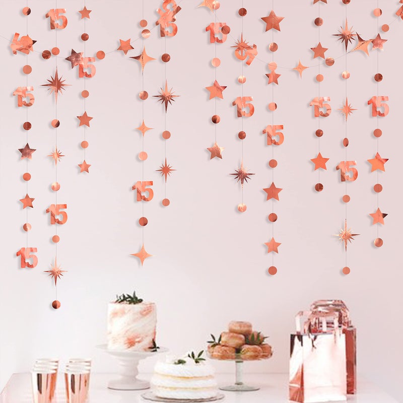 pinkblume Rose Gold 15Th Birthday Decorations Number 15 Circle Dot Twinkle Star Garland Metallic Hanging Streamer Bunting Banner Backdrop For Girls Boys Fifteen Year Old Birthday 15Th Anniversary Party Supplies - Image 3