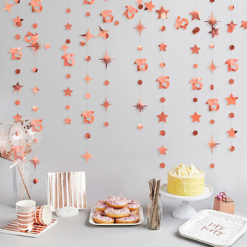 pinkblume Rose Gold 15Th Birthday Decorations Number 15 Circle Dot Twinkle Star Garland Metallic Hanging Streamer Bunting Banner Backdrop For Girls Boys Fifteen Year Old Birthday 15Th Anniversary Party Supplies - Image 5