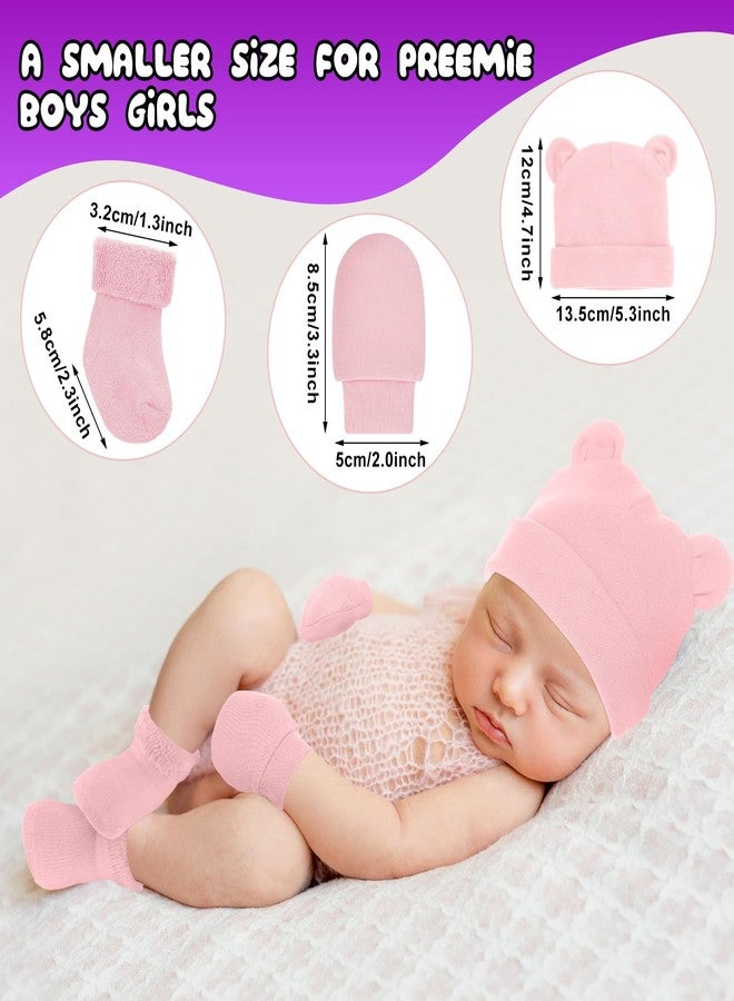Cuffbow 4 Pcs Preemie Hats Mittens and Socks Set Cotton Preemie Hats No Scratch Mittens Warm Terry Socks for Preemie Baby(White, Light Pink, Light Yellow, Light Purple) - Image 3