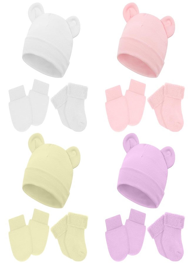 Cuffbow 4 Pcs Preemie Hats Mittens and Socks Set Cotton Preemie Hats No Scratch Mittens Warm Terry Socks for Preemie Baby(White, Light Pink, Light Yellow, Light Purple) - Image 1