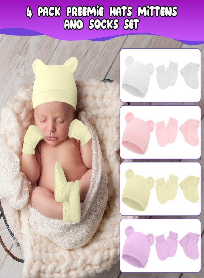 Cuffbow 4 Pcs Preemie Hats Mittens and Socks Set Cotton Preemie Hats No Scratch Mittens Warm Terry Socks for Preemie Baby(White, Light Pink, Light Yellow, Light Purple) - Image 4