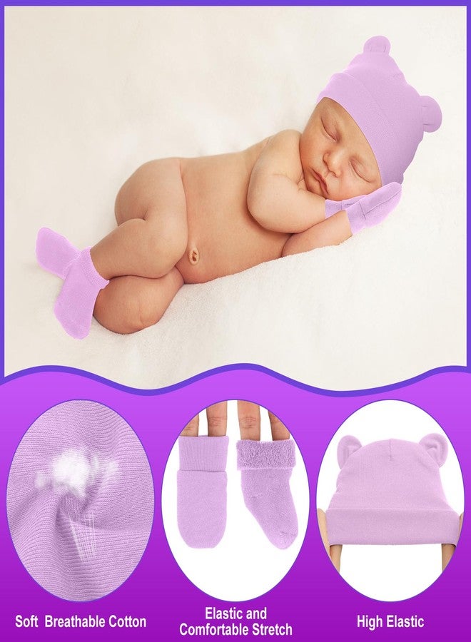 Cuffbow 4 Pcs Preemie Hats Mittens and Socks Set Cotton Preemie Hats No Scratch Mittens Warm Terry Socks for Preemie Baby(White, Light Pink, Light Yellow, Light Purple) - Image 5