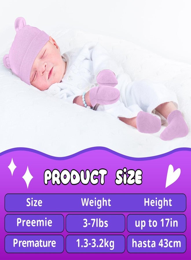 Cuffbow 4 Pcs Preemie Hats Mittens and Socks Set Cotton Preemie Hats No Scratch Mittens Warm Terry Socks for Preemie Baby(White, Light Pink, Light Yellow, Light Purple) - Image 2