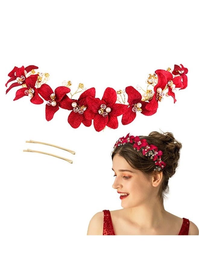 DonLeeving - Bridal Red Crystal Headband Princess Flower Hair Vine Headpiece Pearl Wedding Queen Crowns and Tiaras Bride Floral Red Headband for Women and Girls Halloween Decor - Image 1