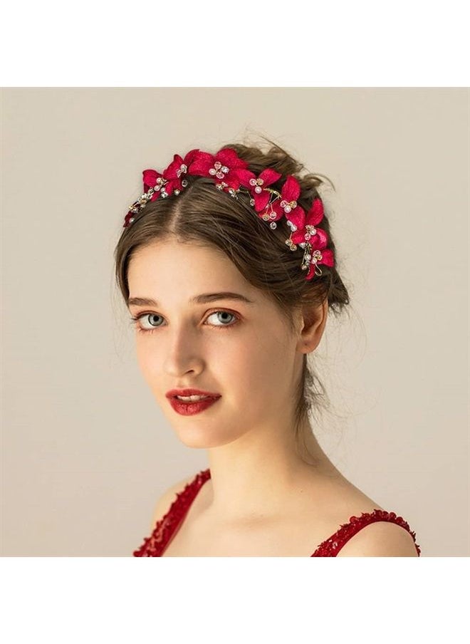 DonLeeving - Bridal Red Crystal Headband Princess Flower Hair Vine Headpiece Pearl Wedding Queen Crowns and Tiaras Bride Floral Red Headband for Women and Girls Halloween Decor - Image 1