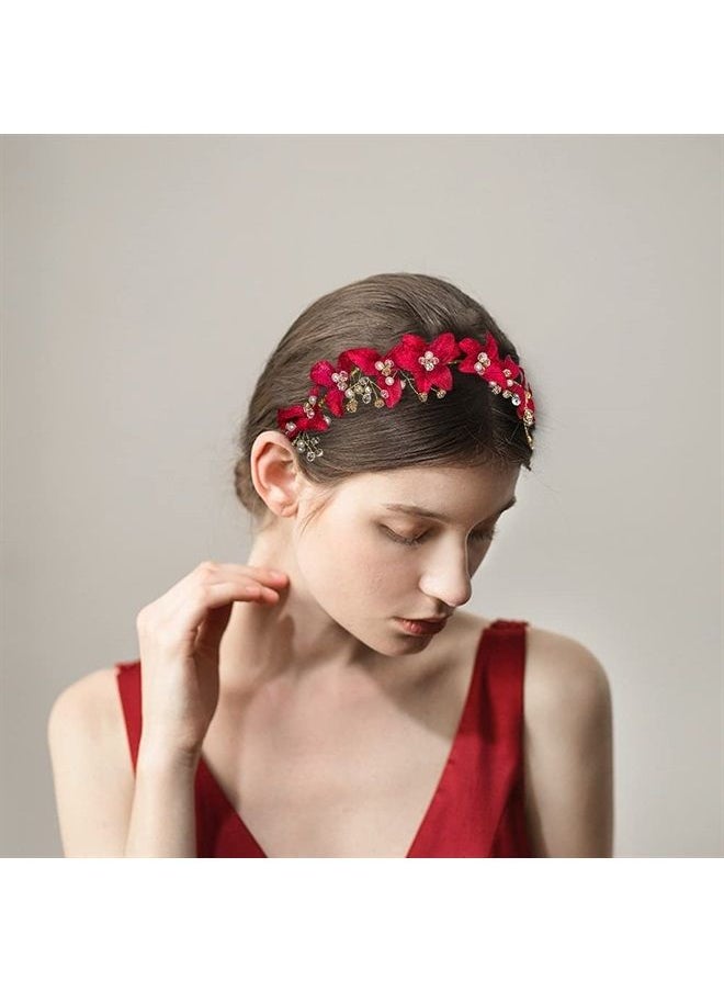 DonLeeving - Bridal Red Crystal Headband Princess Flower Hair Vine Headpiece Pearl Wedding Queen Crowns and Tiaras Bride Floral Red Headband for Women and Girls Halloween Decor - Image 1